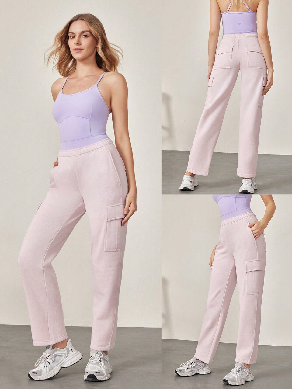 30'' Everyday Fleece Wide Leg Adjustable Drawstring Waist Cargo Joggers Pants Daily Casual