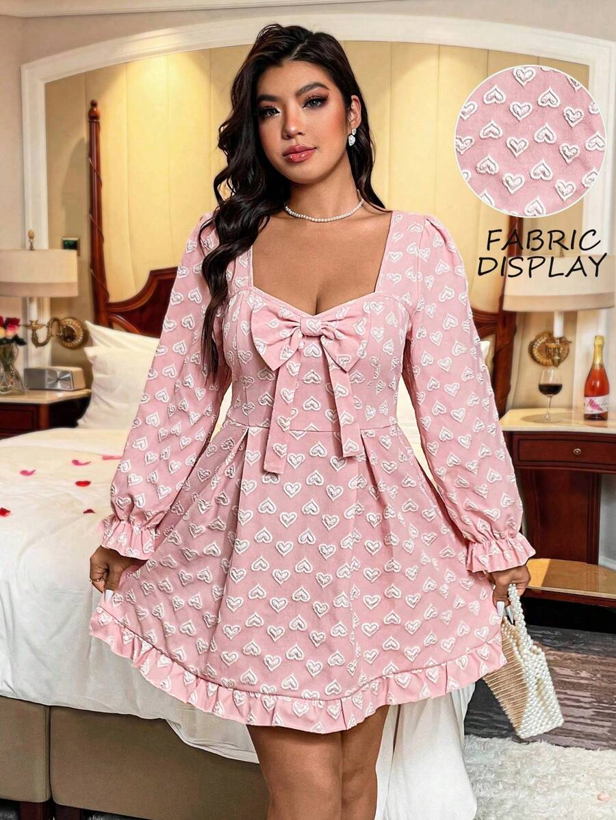Allurite Plus Size Jacquard Bowknot Short Sleeve Dress, Valentine's Day Love/Lover Heart Prom