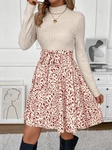 SHEIN Frenchy Ditsy Floral Print Mock Neck Belted Bottom&Top Two Tone A Line Floral Print Dress - Apricot - View 3