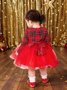 SHEIN Baby Girl Mommy And Me Christmas Fall/Winter Christmas Cute Elegant Red Plaid Knit Contrast Mesh Long Sleeve Dress, Suitable For Parties, Birthdays, Gatherings