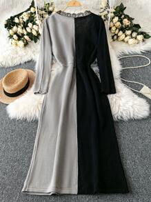 SHEIN Clasi Damen Große Größen V-Ausschnitt Spitzen Schlitz Langarm Locker Strickkleid, Lässig & Stylisch, Herbst/Winter - Schwarz - Übersicht 2
