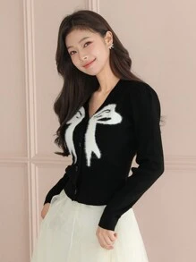 DAZY Damen eleganter Kontrast-Farbschleife V-Ausschnitt Strickjacke, Herbst/Winter, Damenkleidung - Schwarz - Übersicht 1