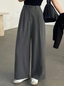 DAZY Women's Solid Color Front Button Pocket Casual Pleated Loose Suit Pants,Women Dress Pants