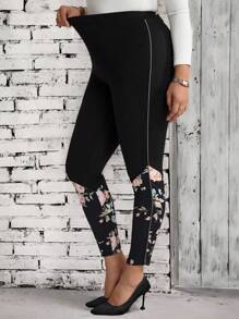 EMERY ROSE Plus Size Women Floral Print Patchwork Leggings For Autumn/Winter,Winter Clothes For Women