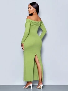 SOLERSUN Winter Clothes For Women Autumn And Winter Elegant Green Long-Sleeved Off-Shoulder Metal Decorated Bodycon Dress Party Dress