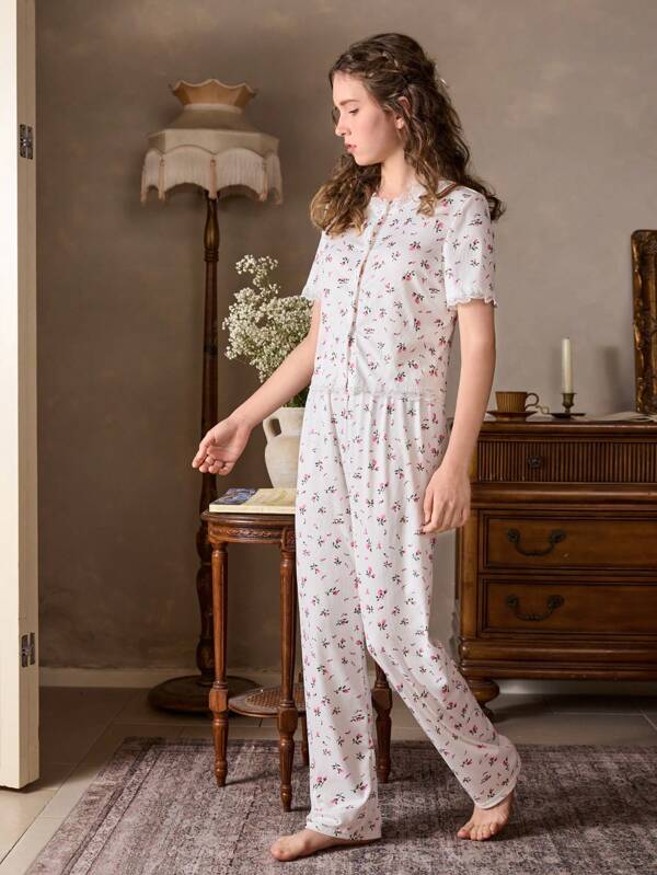 Conjunto de ropa casual para el hogar de 3 piezas para adolescentes: Cárdigan floral de manga corta, pantalones cortos y pantalones con ribete de encaje