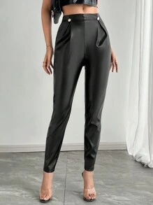 SHEIN Privé Pantalones de talle alto con detalles de botones en PU negro, pantalones de PU stretch, pantalones con acabado de botón metálico, pantalones de becerro negro, pantalones de PU, pantalones, uso para ir a trabajar/elegante/Día del maestro/ropa de trabajo - Negro - Ver 3