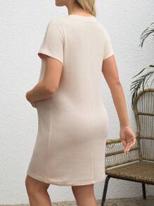 SHEIN Maternity Batwing Short Sleeve Ribbed Dress - Apricot - View 2