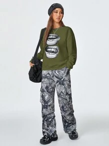 SHEIN EZwear 女式 Y2K 街头休闲图案宽松套头衫 - 軍綠色 - 查看 8