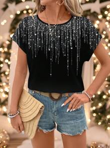 EMERY ROSE Lässige Bluse für Frauen mit Imitations-Strass-Quastenmuster und rundem Ausschnitt, neuer Jahresfeiertags-Oberteil für den Sommer geeignet