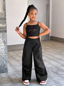 SHEIN Conjunto de 3 piezas para niñas preadolescentes: Sudadera con capucha básica informal de punto, chaleco con tirantes ajustables y pantalones fruncidos