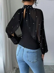 Selianne Blusa Elegante de Manga Longa com Gola Alta de Malha, Contraste e Decoração de Pérola Falsa, para o Outono - Preto - Visão 2