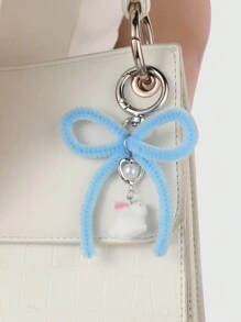 ROMWE Kawaii 2pcs Ins Style Cute & Delicate Fashion Highly Attractive Pink + Blue Flocked Twist Bow Bunny Pendant Keychain & Keyring, Combo Set Suitable For Sisters, BFFs, Couples, Friends, Daily Wear, Holiday Gift