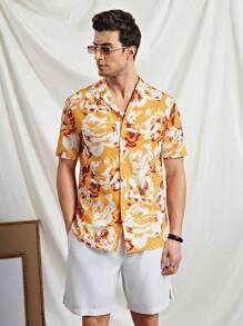 Manfinity VCAY Men's Woven Patterned Print Turndown Collar Short Sleeve Open Front Shirt, Suitable For Summer - Multicolor - View 3