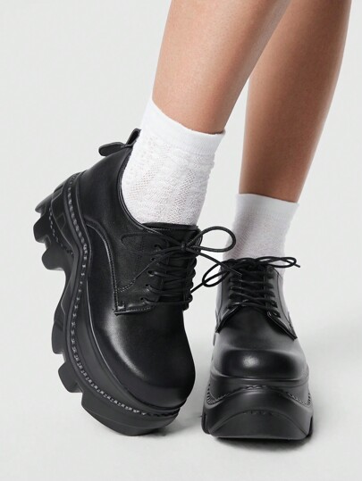 Grunge Punk Black Mary Jane Lace-Up Leather Work Shoes For Women, Platform & Chunky Sole