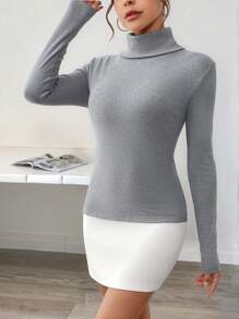 SHEIN Essnce Nuevo vestido mini ajustado de 2024 para otoño/invierno, con cuello alto, mangas largas y efecto sirena de patchwork y bloqueo de color, para oficina/uso diario - Gris - Ver 3