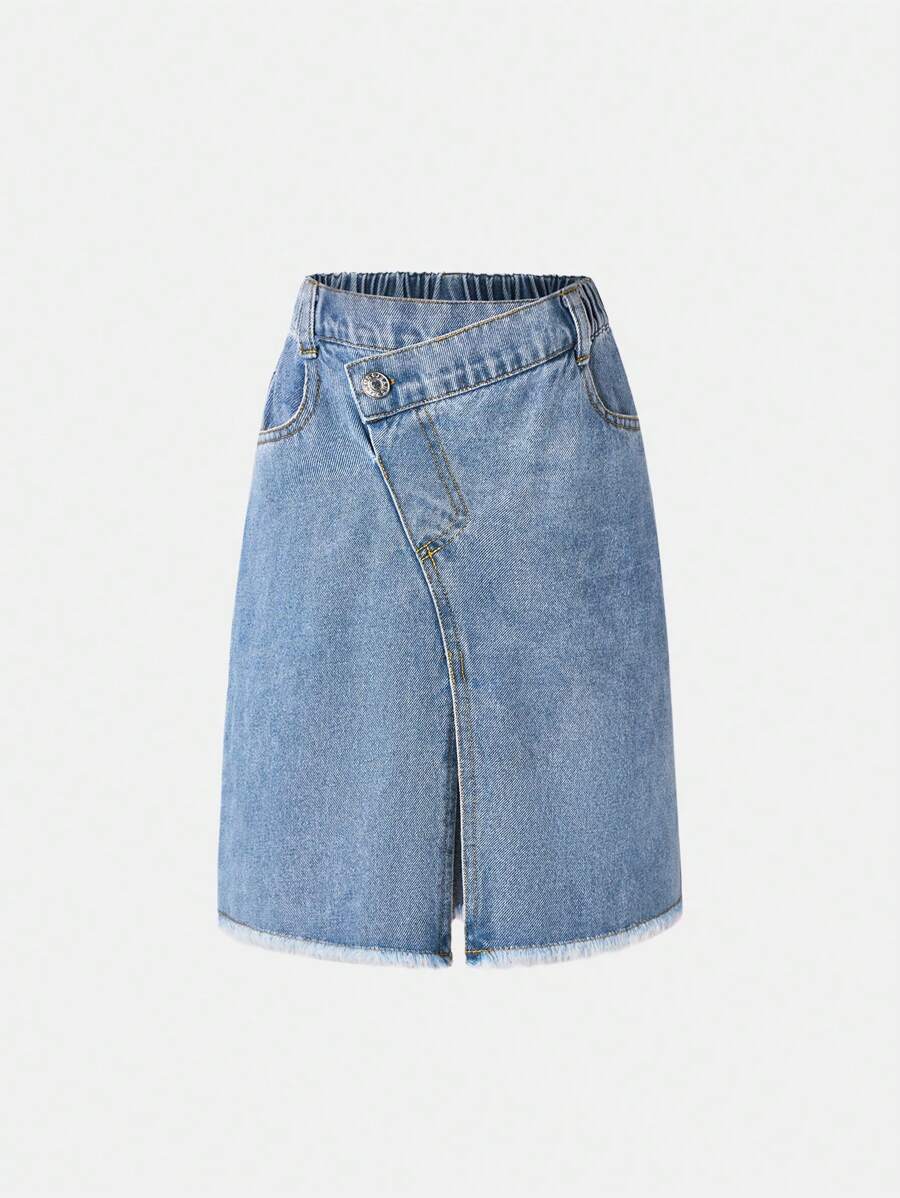 SHEIN Girls Water-Washed Soft Asymmetrical Hem Slit Casual Elastic Waist Denim Mini Skirt, Fashionable For Spring & Summer - Medium Wash - View 1
