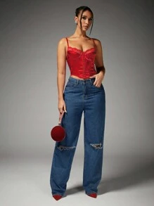 SHEIN BAE Camiseta sin tirantes con aplicaciones de encaje glamorosas, sexy y atractiva para Navidad, citas, fiestas
