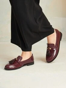 MOTF PREMIUM 女士 ANCOLA 红色乐福鞋，复古英伦风平底鞋 - 酒紅色 - 查看 7