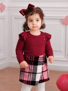 SHEIN Fern Glow  2pcs/Set Baby Girl Valentine's Day Cute Knitted Red Long Sleeve Top And Plaid Elastic Waist Skirt Outfit, Autumn/Winter/Spring