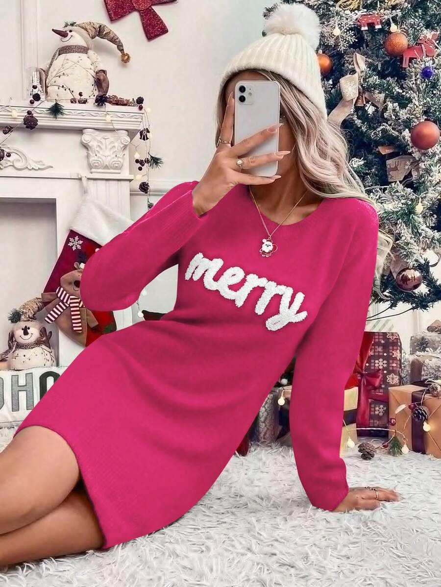 SHEIN LUNE Gaun Sweater Rajut Warna Polos untuk Wanita, Sederhana & Modis untuk Pakaian Kasual Sehari-hari - Merah - View 1