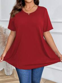 EMERY ROSE Plus Size Women's Plain Round Neck T-Shirt, Simple Fashionable Casual For Everyday Wear - Red - View 1