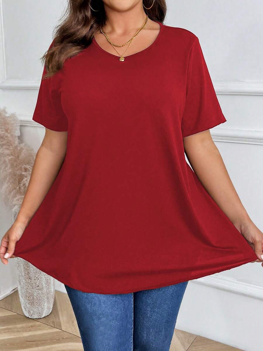 EMERY ROSE Plus Size Women's Plain Round Neck T-Shirt, Simple Fashionable Casual For Everyday Wear - Red - View 1