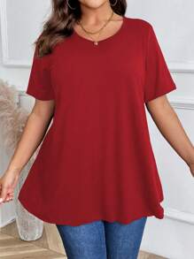 EMERY ROSE Plus Size Women's Plain Round Neck T-Shirt, Simple Fashionable Casual For Everyday Wear - Red - View 3