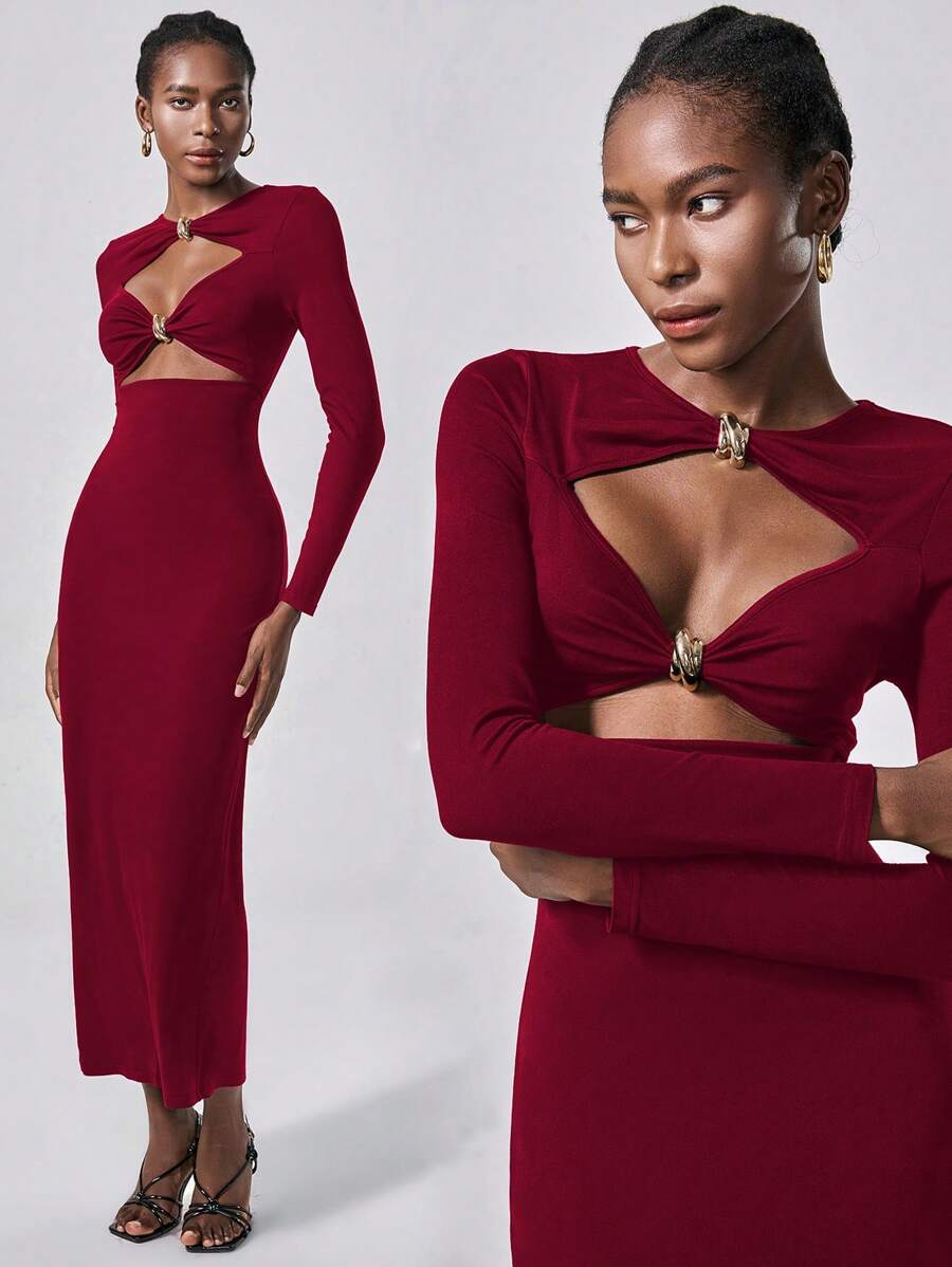 Lumivelle 女士金属装饰优雅针织紧身长裙、派对和晚装、秋冬 - 酒紅色 - 查看 1