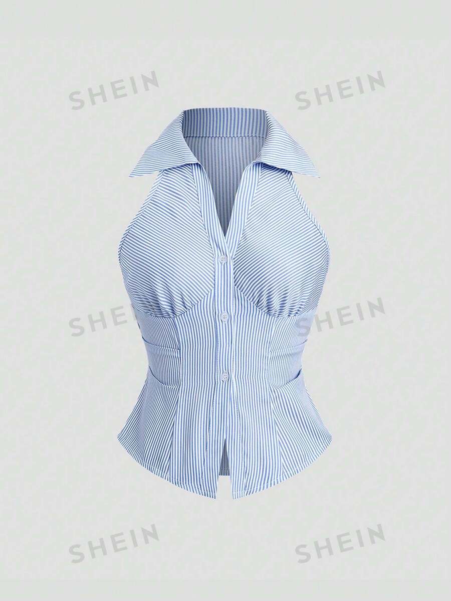 Sweetra Camisa de vestir de mujer de verano con diseño boutique, casual, sexy, sin mangas, ajustada, de rayas azules, con cuello, nueva, top con ajuste estilizado