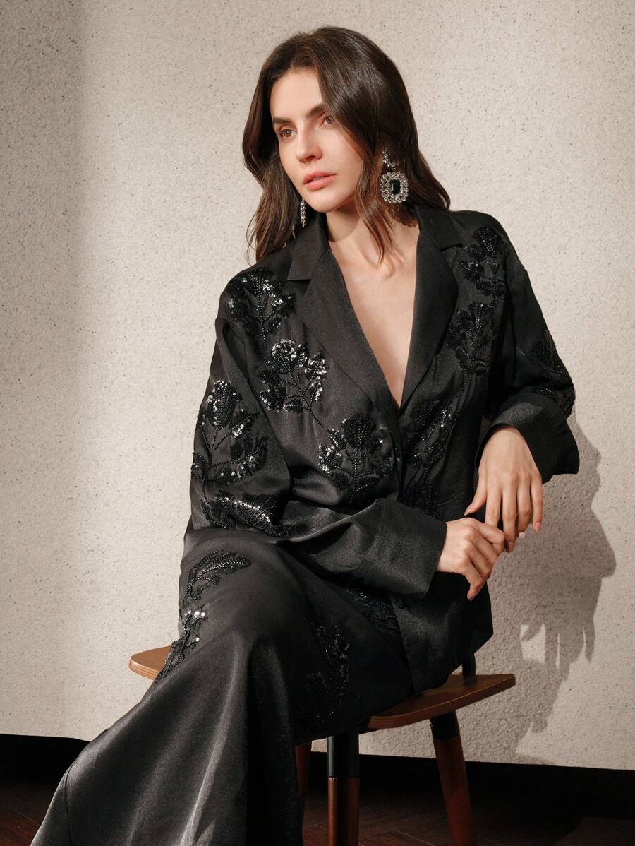 Anewsta Women's Floral Embroidered Blazer Spring, Festival Concert Women - Black - View 1