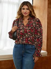 Elaquor Blusa de manga larga con cuello en V y estampado floral para mujer talla grande