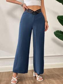 SHEIN Essnce 女士时尚牛仔效果 V 领不对称腰部设计宽松阔腿裤，夏季 - 藏蓝色 - 查看 3