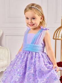 SHEIN Fern Glow  Young Girl Cute Purple Butterfly Mesh Sleeveless Easter Dress, Summer - Mauve Purple - View 3
