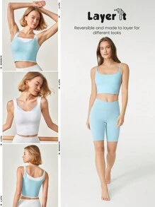 GLOWMODE Flip It Good Make It Ultra Sleek Longline Reversible Sports Bra Low Impact Yoga Pilates Daily Casual Removable Cups - Aqua Blue - View 7