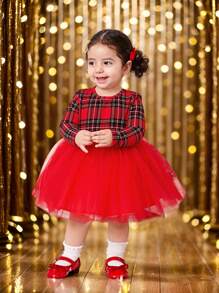 SHEIN Baby Girl Mommy And Me Christmas Fall/Winter Christmas Cute Elegant Red Plaid Knit Contrast Mesh Long Sleeve Dress, Suitable For Parties, Birthdays, Gatherings