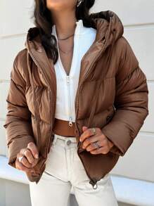 EURMUSE Zip Up Hooded Puffer Coat - Brown - View 1