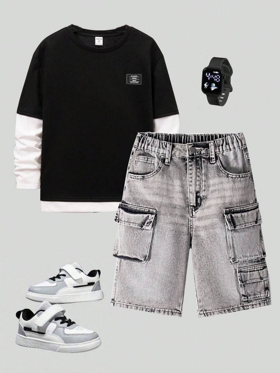 Tween Boy Front Button Multiple Pocket Simple Style Denim Shorts, Casual For Daily Wear, School, Campus, College - Grey - View 1