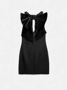 SHEIN EZwear 女士纯色蝴蝶结装饰简约迷你连衣裙 - 黑色 - 查看 3