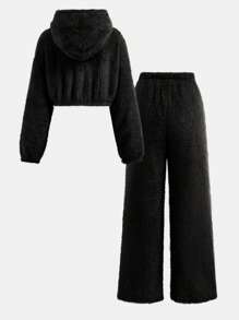 SHEIN Leap Crew Teen Girl's White/2 Pieces/Set/Double-Sided Velvet/Hooded Jacket + Pants/Casual/Autumn And Winter - Black - View 2