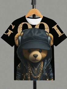 年轻男孩酷炫 3D 帽子字母熊休闲印花舒适 T 恤 - 黑色 - 查看 1