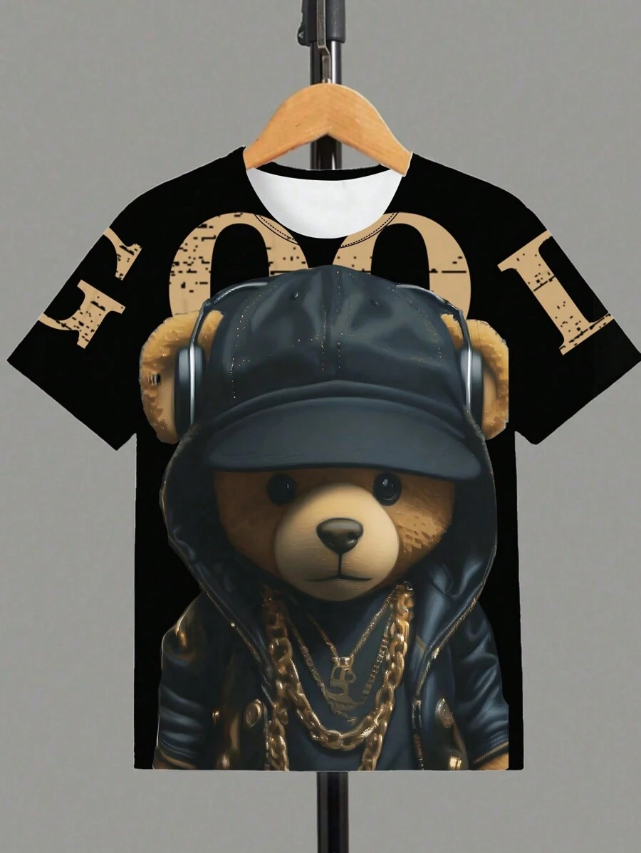 年轻男孩酷炫 3D 帽子字母熊休闲印花舒适 T 恤 - 黑色 - 查看 1