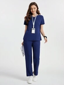 TaskEZ Simple Design Short Sleeve V-Neck Top & Pants Nurse Scrub Uniform Set - Navy Blue - View 5