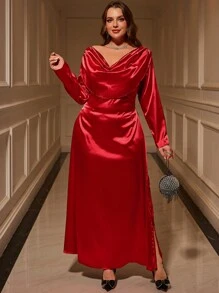 SHEIN Clasi Vestido largo de satén elegante en color rojo sólido con espalda drapeada y manga larga para mujeres curvy talla plus, apropiado para fiestas de invitados y bailes, atuendo de San Valentín