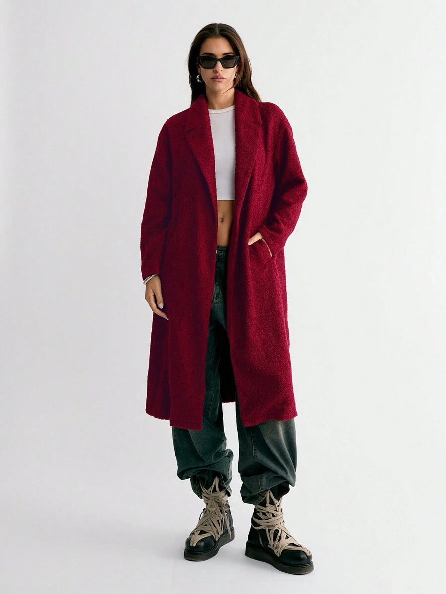 SHEIN Unity Apricot Teddy Fleece Long Jacket, Warm For Autumn/Winter - Burgundy - View 1