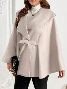 Celure Plus Size Elegant Loose Waisted Hooded Poncho Coat - Apricot - View 4