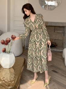 DAZY Women V-Neck Allover Floral Print Long Sleeve Casual Slim Fit Midi Dress,Fall Dress