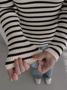 DAZY Women Half-Zip Up Striped Fitted Sweater Fall - Black and White - View 4