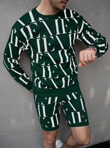 Manfinity Homme Men's Round Neck Long Sleeve Minimalist Pattern Detail Top And Shorts Set - Dark Green - View 4
