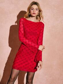 Poéselle Women Short Casual Solid Color Long Sleeve Dress, Simple And Fashionable For Daily Wear,Valentine's Day Dress,Red Dress